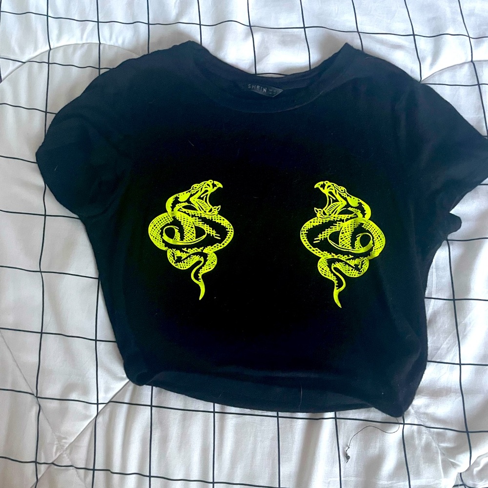 Black crop top with neon dragon print